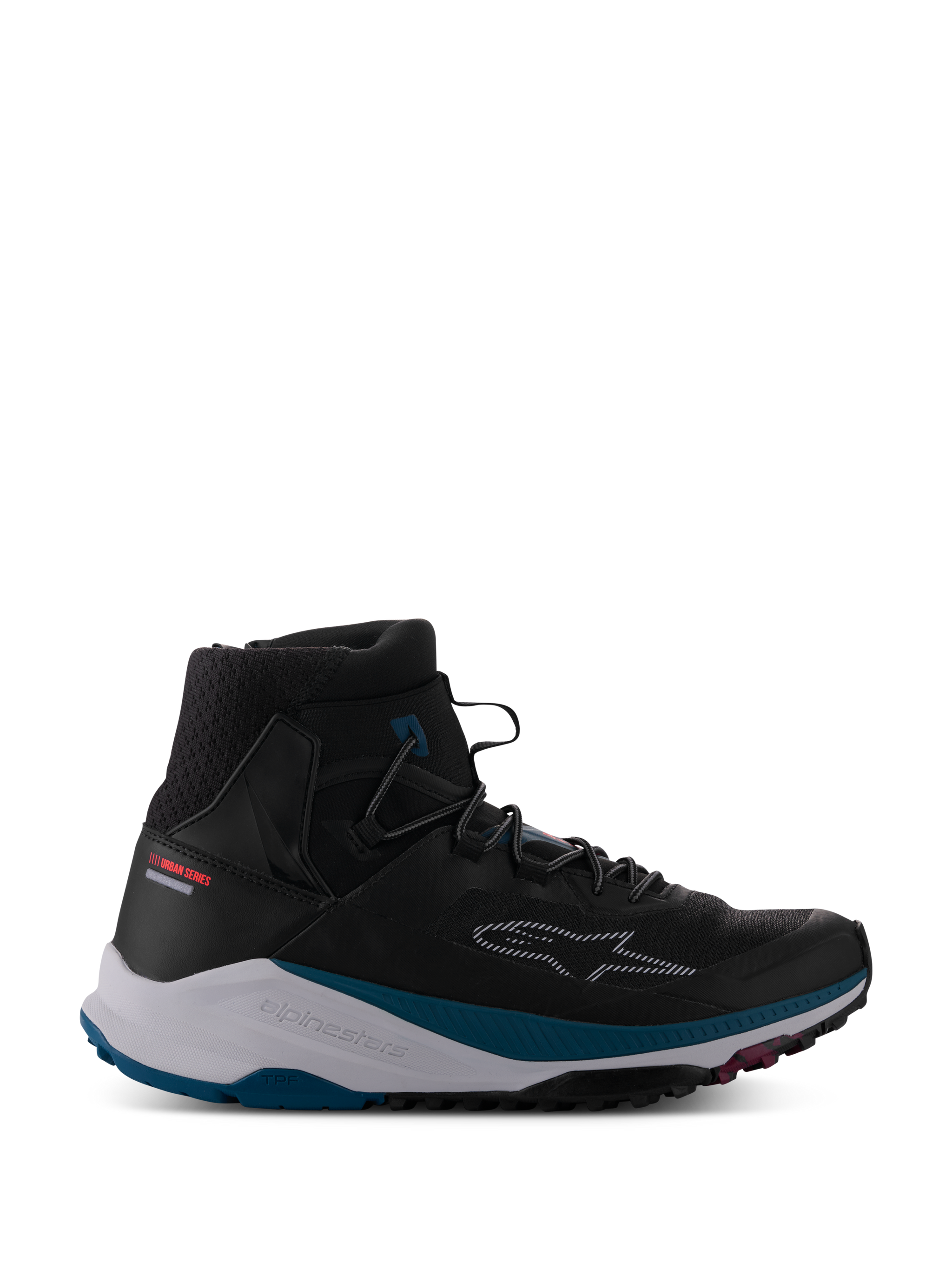Alpinestars Speedforce XR Shoes, Black high-top motorcycle urban sneaker, textured breathable mesh ankle collar, white midsole with petrol green accents, rugged black sole with pink details, dashed star logo on side, Urban Series collection, modern street riding footwear