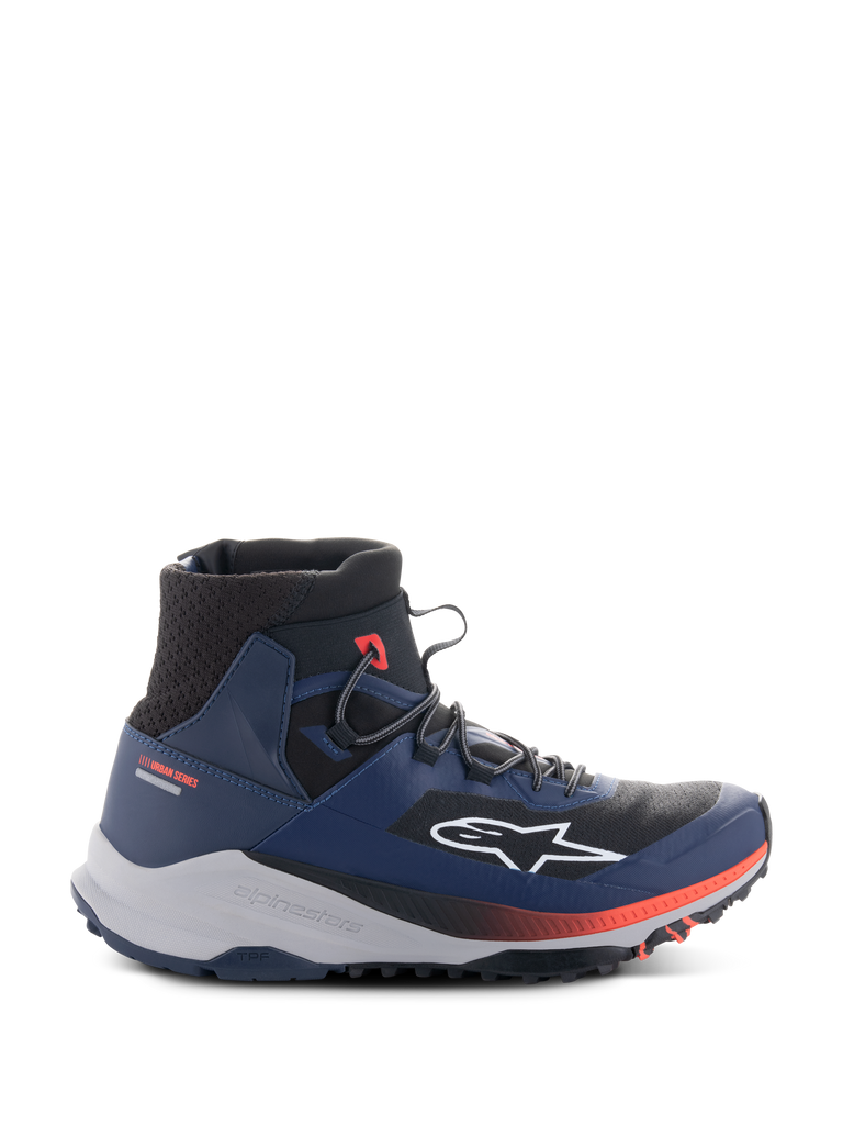 Alpinestars Speedforce XR Shoes, High-Top Urban Motorcycle Sneakers, Blue and Black with Red Accents, Rugged Light Gray Sole, Mesh Ankle Texture, Side Profile View