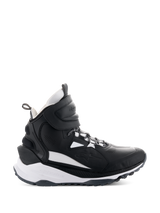 Alpinestars Speedstreet Shoes, high-top motorcycle sneakers, black and white, side view featuring a large hook-and-loop ankle strap, thick white midsole with Alpinestars and TPF branding, and rugged rubber outsole for urban riding.