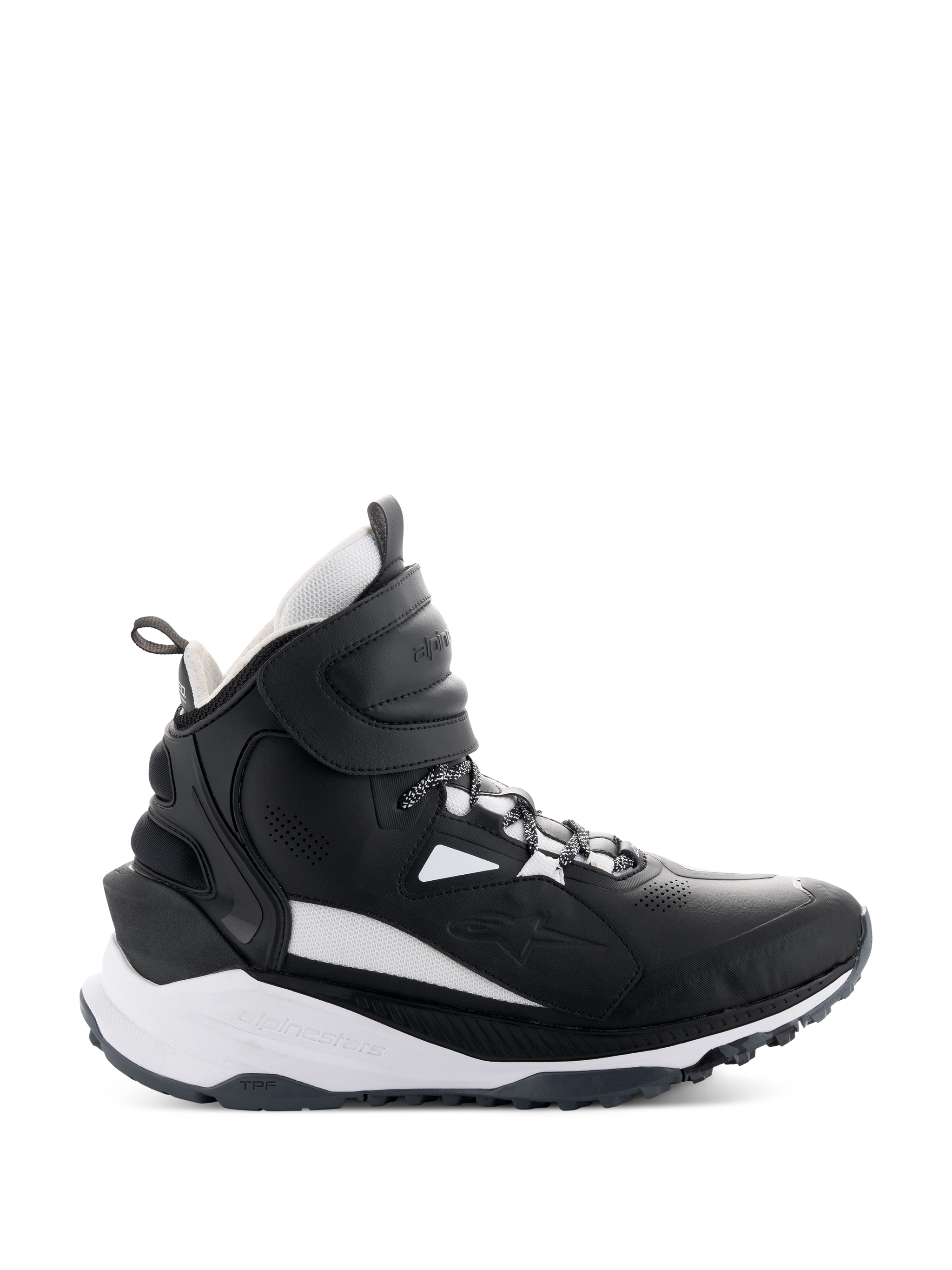 Alpinestars Speedstreet Shoes, high-top motorcycle sneakers, black and white, side view featuring a large hook-and-loop ankle strap, thick white midsole with Alpinestars and TPF branding, and rugged rubber outsole for urban riding.