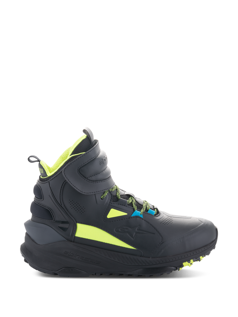 Alpinestars Speedstreet Shoes, Black High-Top Motorcycle Sneakers with Neon Lime and Blue Accents, Featuring a Thick Textured Sole, Padded Collar, and Modern Sporty Design for Urban Riding