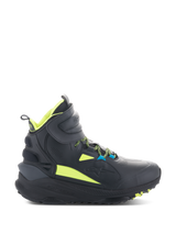 Alpinestars Speedstreet Shoes, Black High-Top Motorcycle Sneakers with Neon Lime and Blue Accents, Featuring a Thick Textured Sole, Padded Collar, and Modern Sporty Design for Urban Riding