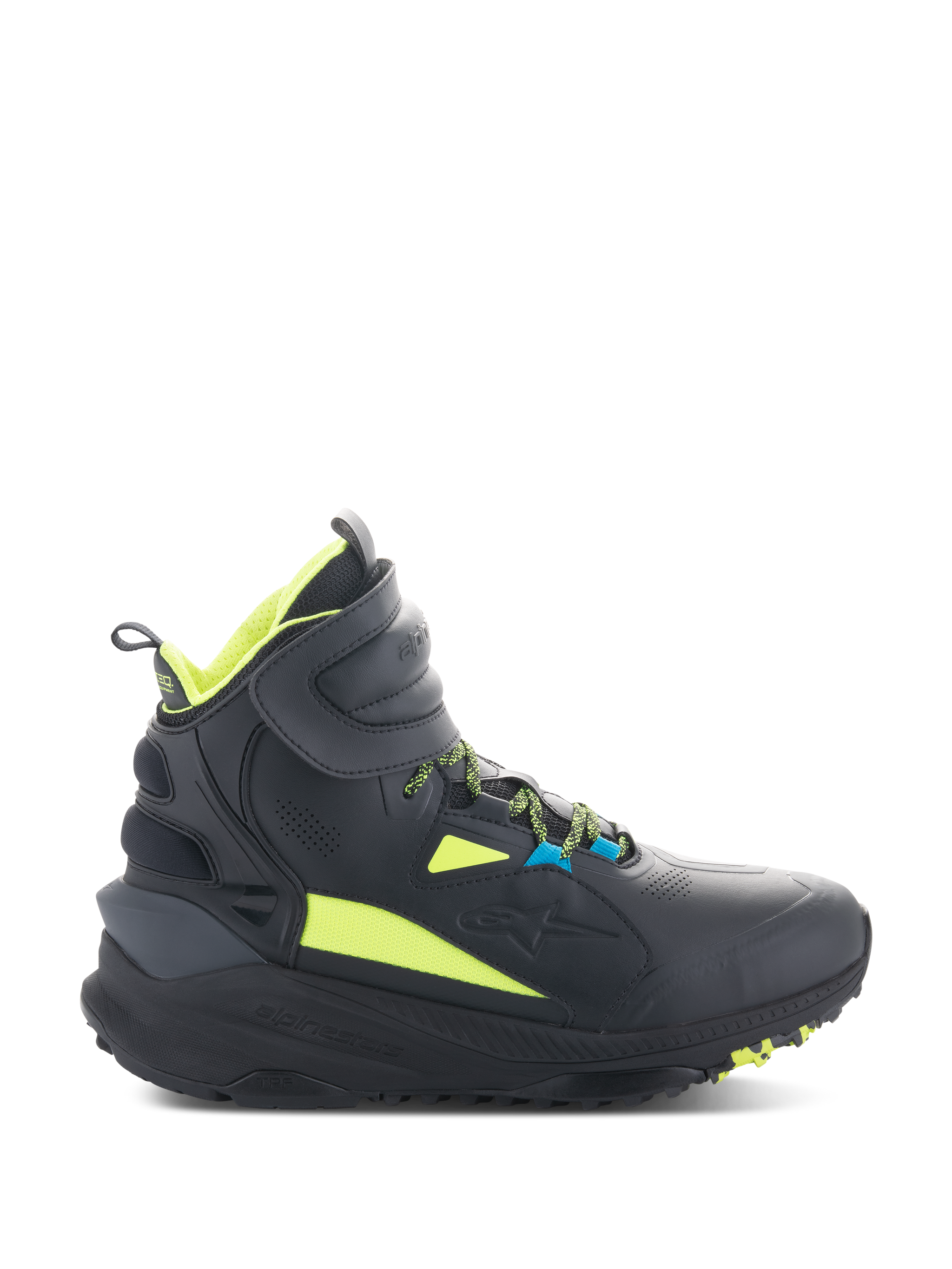Alpinestars Speedstreet Shoes, Black High-Top Motorcycle Sneakers with Neon Lime and Blue Accents, Featuring a Thick Textured Sole, Padded Collar, and Modern Sporty Design for Urban Riding