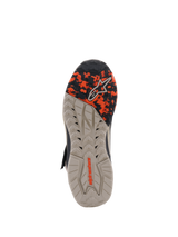 Alpinestars Speedstreet Shoes, Outsole View, Black Almond Hot Orange, featuring a multi-textured oil-resistant rubber sole with a camo-patterned forefoot and embossed Alpinestars branding, designed for grip and stability.