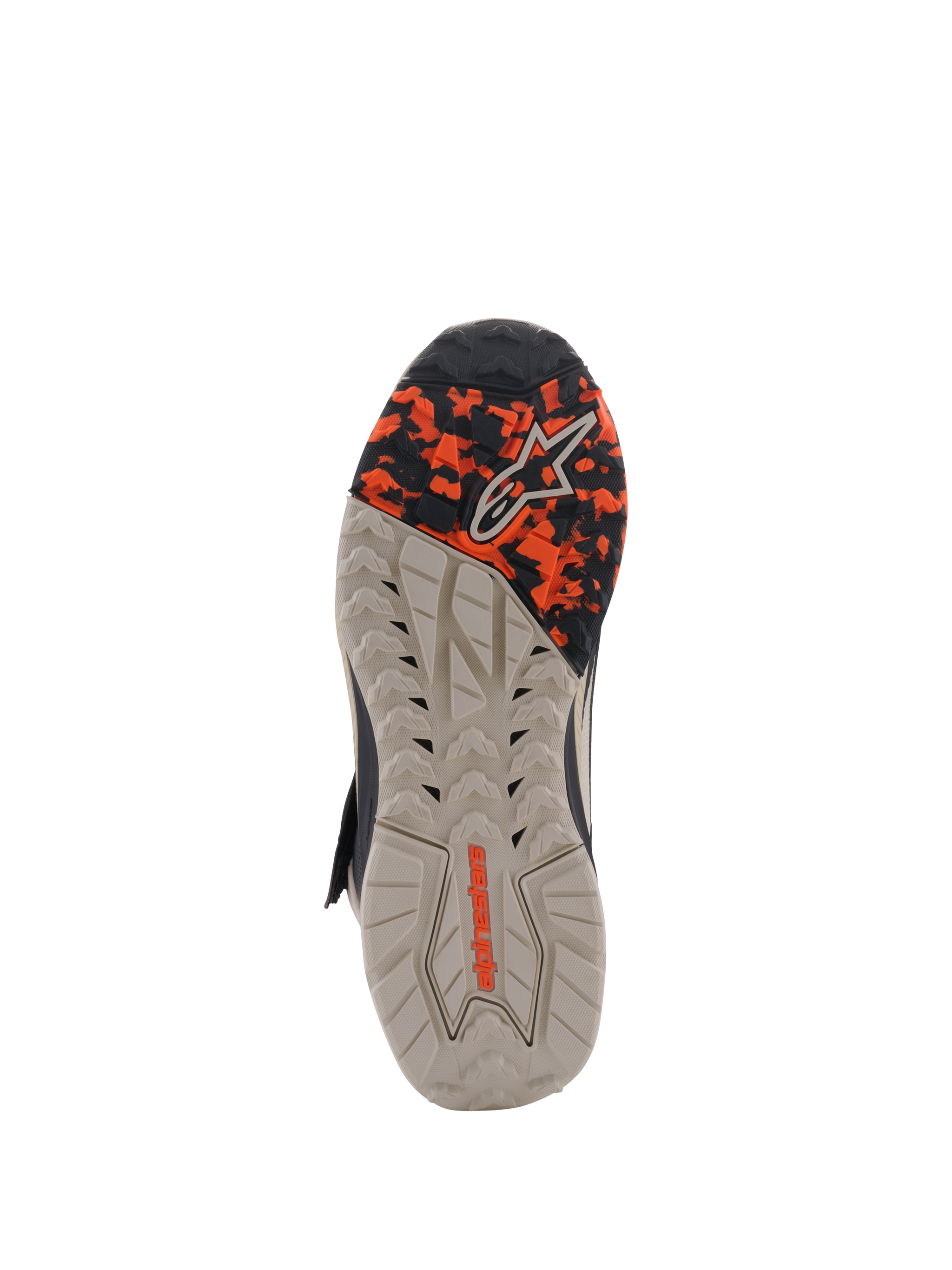 Alpinestars Speedstreet Shoes, Outsole View, Black Almond Hot Orange, featuring a multi-textured oil-resistant rubber sole with a camo-patterned forefoot and embossed Alpinestars branding, designed for grip and stability.