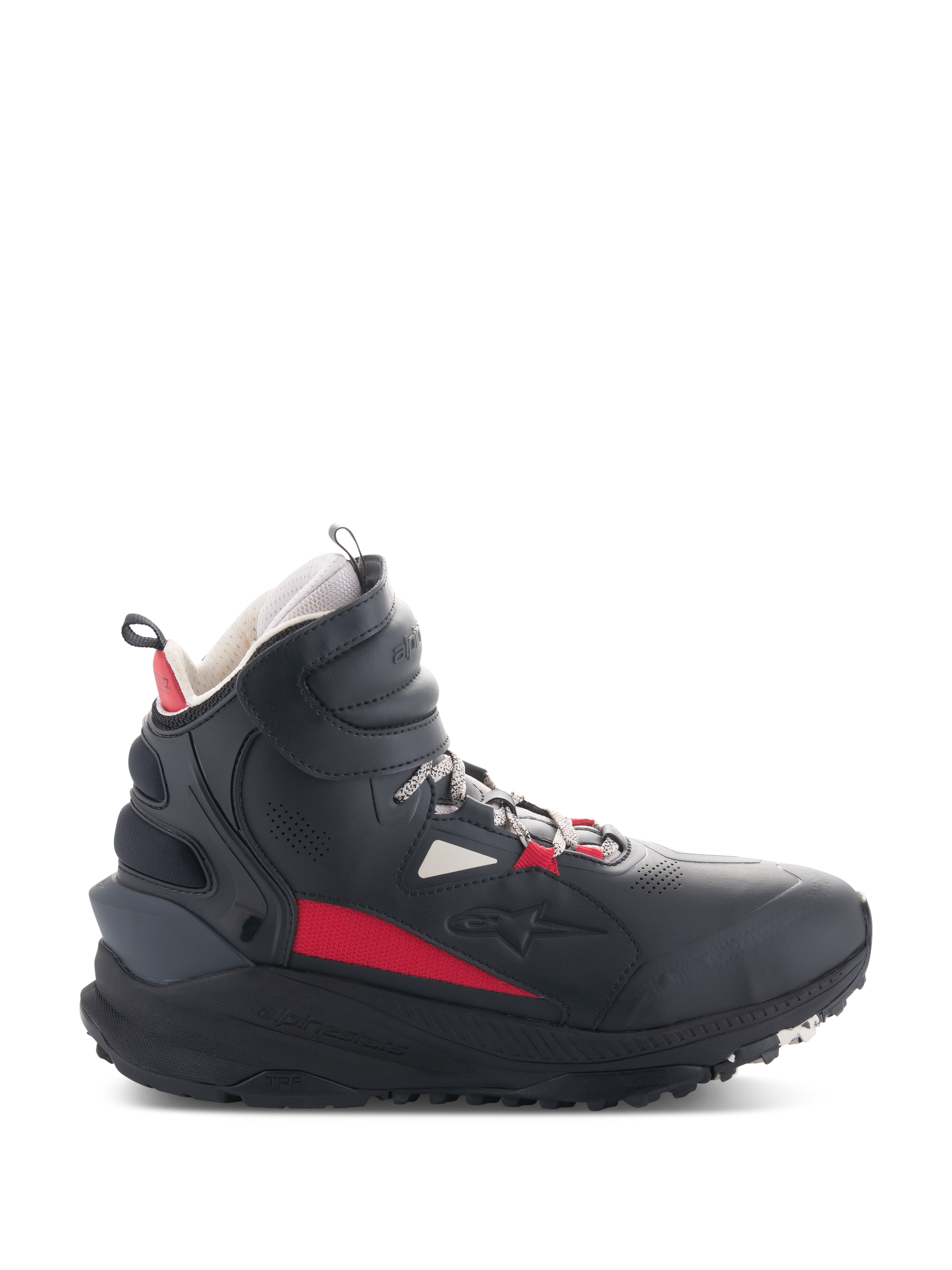 Alpinestars Speedstreet Shoes, Motorcycle Riding Shoes, Black Ecru and Bright Red, high-top side profile, streetwear-inspired design, padded ankle collar, thick sole with TPF marking, protective gear for urban riding