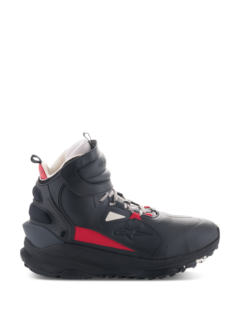 Alpinestars Speedstreet Shoes, Motorcycle Riding Shoes, Black Ecru and Bright Red, high-top side profile, streetwear-inspired design, padded ankle collar, thick sole with TPF marking, protective gear for urban riding