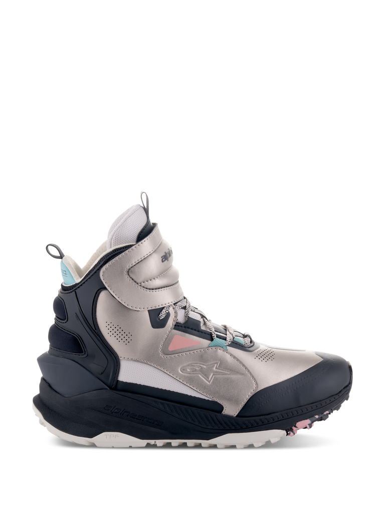 Alpinestars Speedstreet Shoes, High-Top Motorcycle Riding Shoes, Ecru, Coral, Black, and Aqua, metallic silver-toned microfiber upper with black protective panels, coral pink and aqua blue accents, chunky sole with TPF branding, urban streetwear design