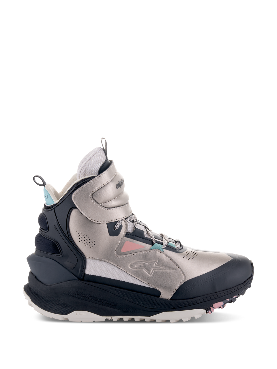 Alpinestars Speedstreet Shoes, High-Top Motorcycle Riding Shoes, Ecru, Coral, Black, and Aqua, metallic silver-toned microfiber upper with black protective panels, coral pink and aqua blue accents, chunky sole with TPF branding, urban streetwear design