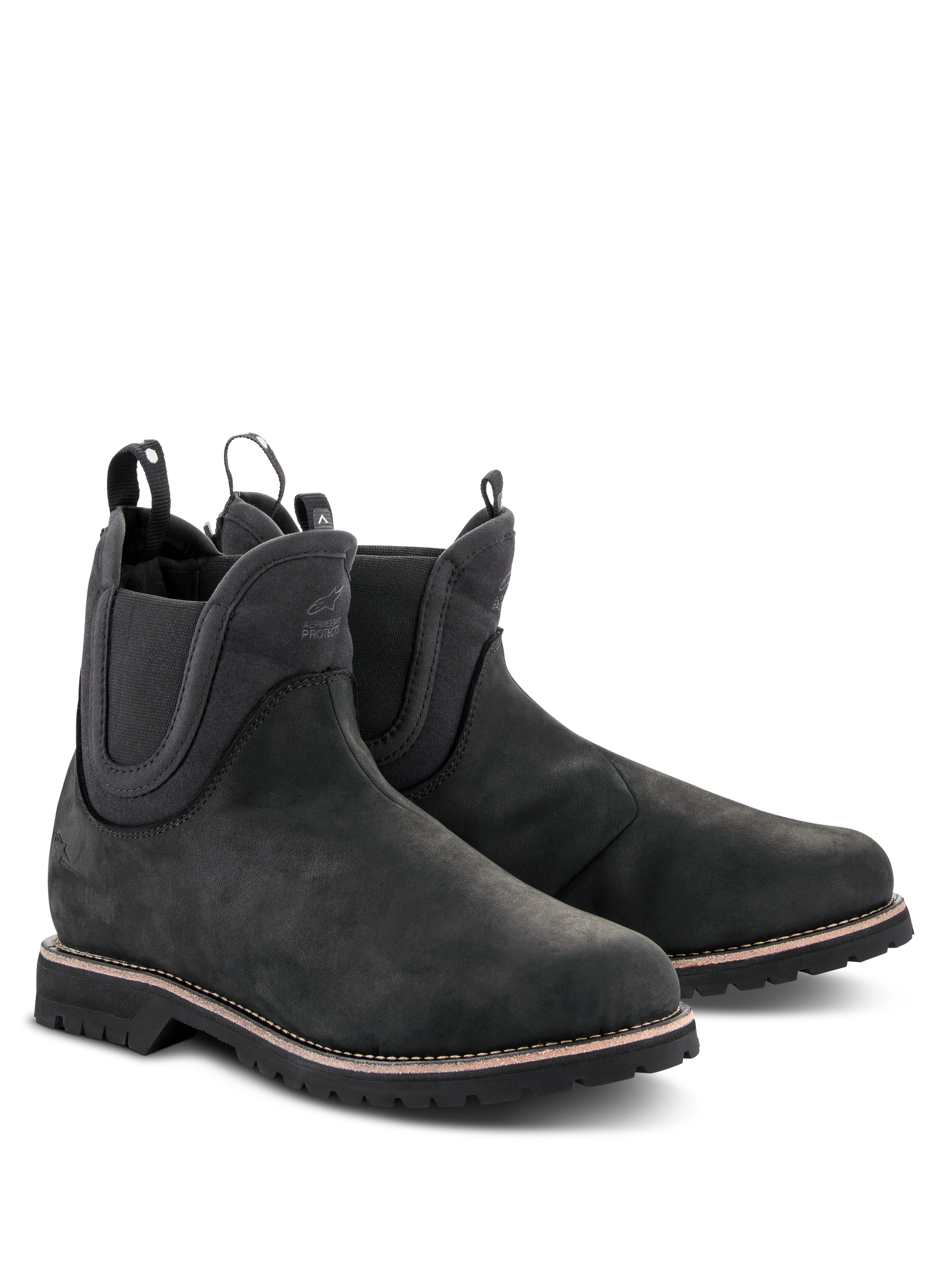 Alpinestars Turnstone Shoes, Black Chelsea-style Motorcycle Boots, matte bovine leather upper with elastic side panels and rear pull tabs, urban riding footwear featuring a rugged lugged sole with white welt stitching