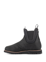 Alpinestars Turnstone Shoes, Black Chelsea-style motorcycle riding boot, side profile view, crafted from 1.5mm bovine leather with elasticated ankle panels and front and rear pull tabs.