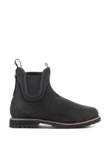 Alpinestars Turnstone Shoes in Black, Chelsea-style motorcycle ankle boots, matte bovine leather with elastic side panels, thick lugged sole featuring a brown welt detail, dual pull tabs, protective urban riding footwear.