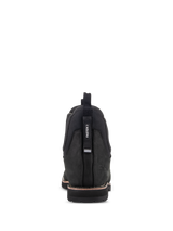 Alpinestars Turnstone Shoes, Black Leather Motorcycle Boots, rear view featuring the adjustable 'FASTEN' pull tab, bovine leather construction, classic Chelsea boot silhouette with a rugged sole