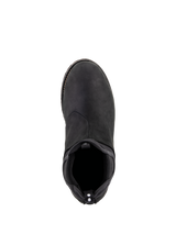 Alpinestars Turnstone Shoes, Black Black, top-down view of a bovine leather urban motorcycle riding shoe featuring an elasticated Chelsea-style entrance and a rear pull tab with white dots, minimalist protective footwear for road use.