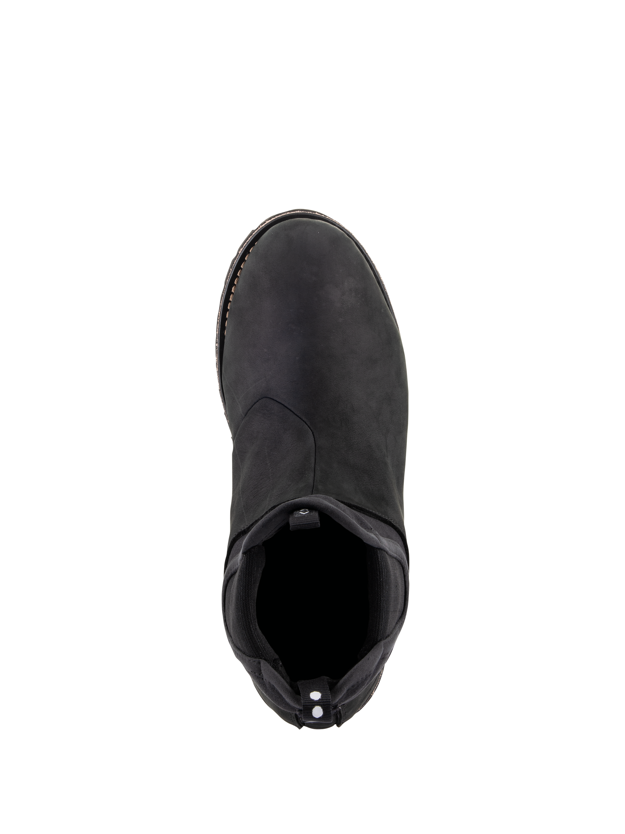 Alpinestars Turnstone Shoes, Black Black, top-down view of a bovine leather urban motorcycle riding shoe featuring an elasticated Chelsea-style entrance and a rear pull tab with white dots, minimalist protective footwear for road use.