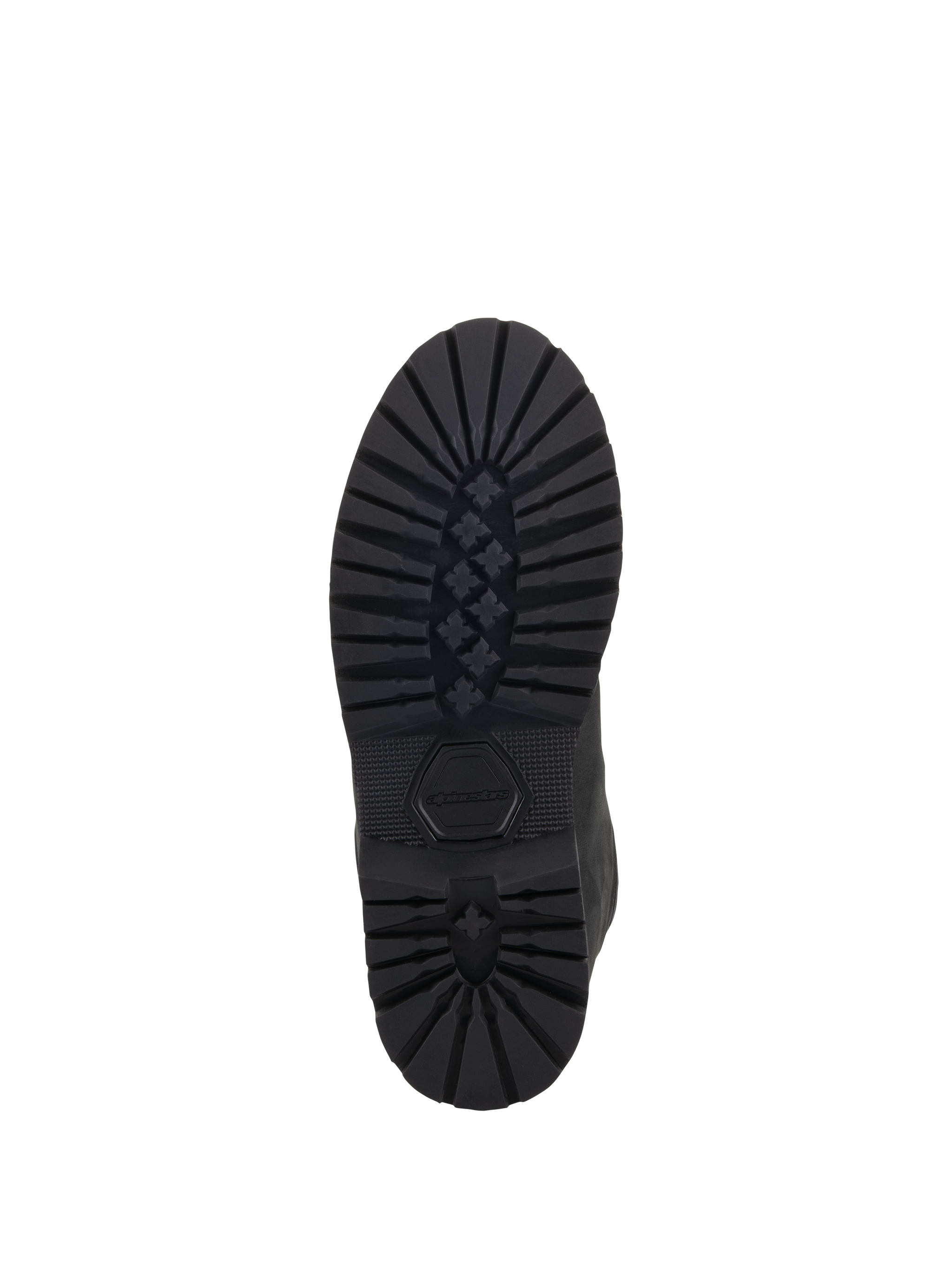 Alpinestars Turnstone Shoes, Black, bottom view of the rugged rubber outsole featuring a deep star-pattern tread and debossed Alpinestars logo, durable urban motorcycle riding footwear