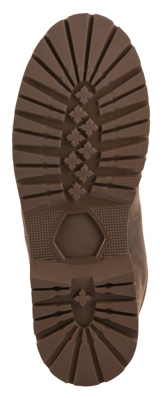 Alpinestars Turnstone Shoes, Outsole View, Chocolate, rugged rubber sole with deep lugged tread pattern, X-shaped grip details and hexagonal heel design, protective motorcycle riding shoe