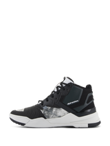 Alpinestars Speedflight Shoes, Motorcycle Riding Shoes, Black Gray and White, side profile view featuring ripstop textile upper with gray patterned panels, black reinforced heel, and thick white midsole with brand logo, urban sport-styled design