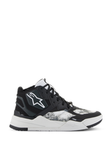 Alpinestars Speedflight Shoes, High-Top Performance Riding Sneakers, Black Gray and White, featuring a white star logo, textured ripstop pattern on side panels, and a thick white geometric sole with TPF branding