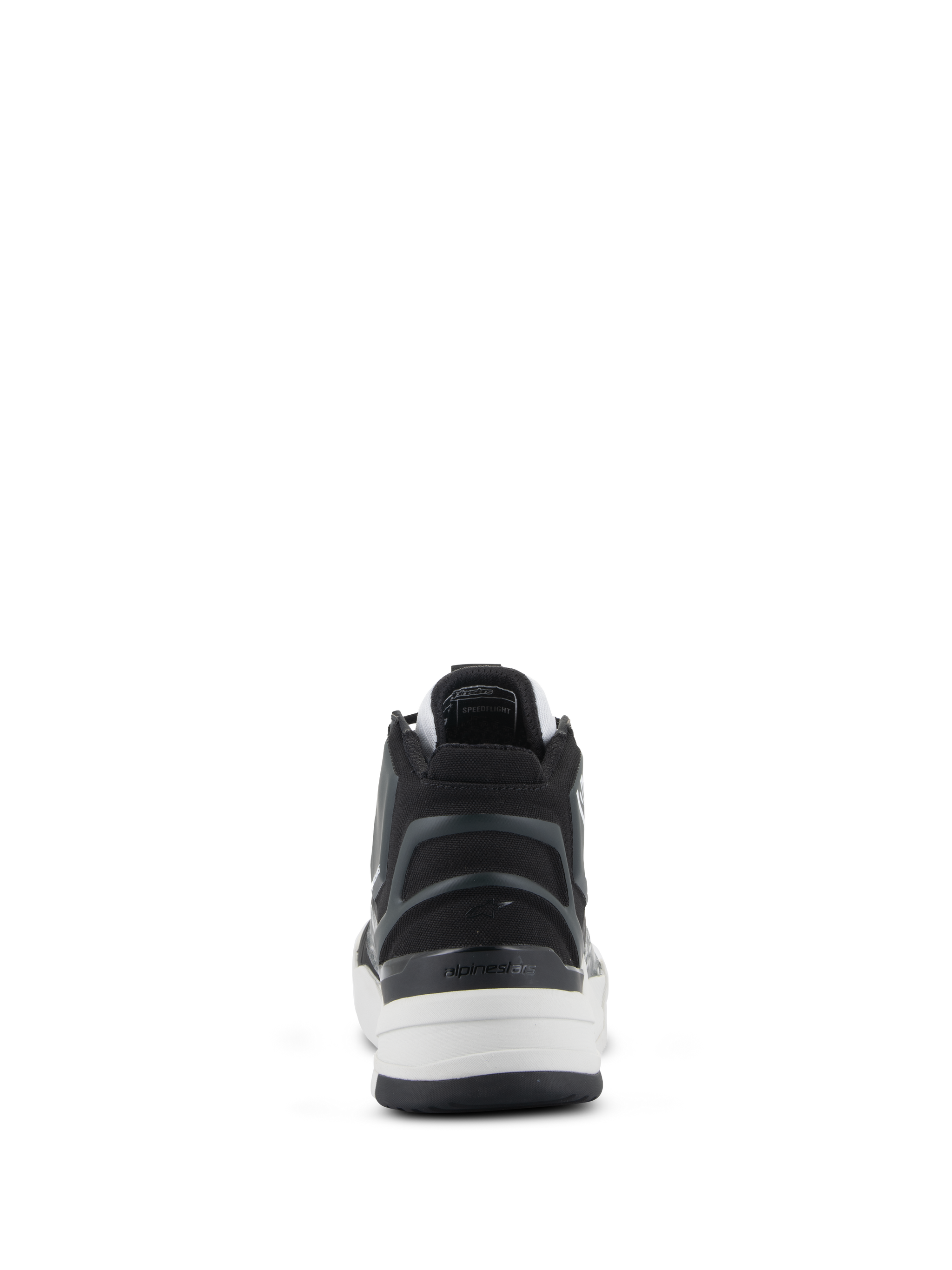 Alpinestars Speedflight Shoes, Performance Riding Shoes, Black Gray and White, rear view highlighting the asymmetric TPU heel counter with logo, white midsole, and urban sport-styled design