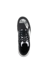 Alpinestars Speedflight Shoes, Black Gray White, Top-down view showing marbled ripstop upper, lace lock system on the tongue, and integrated shift pad, street-styled motorcycle riding shoe