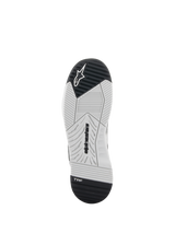 Alpinestars Speedflight Shoes, Motorcycle Riding Shoes, Black and White, bottom view of the sole featuring dual-density rubber, Alpinestars branding, and TPF Transversal Protection Frame logo, engineered tread pattern for grip