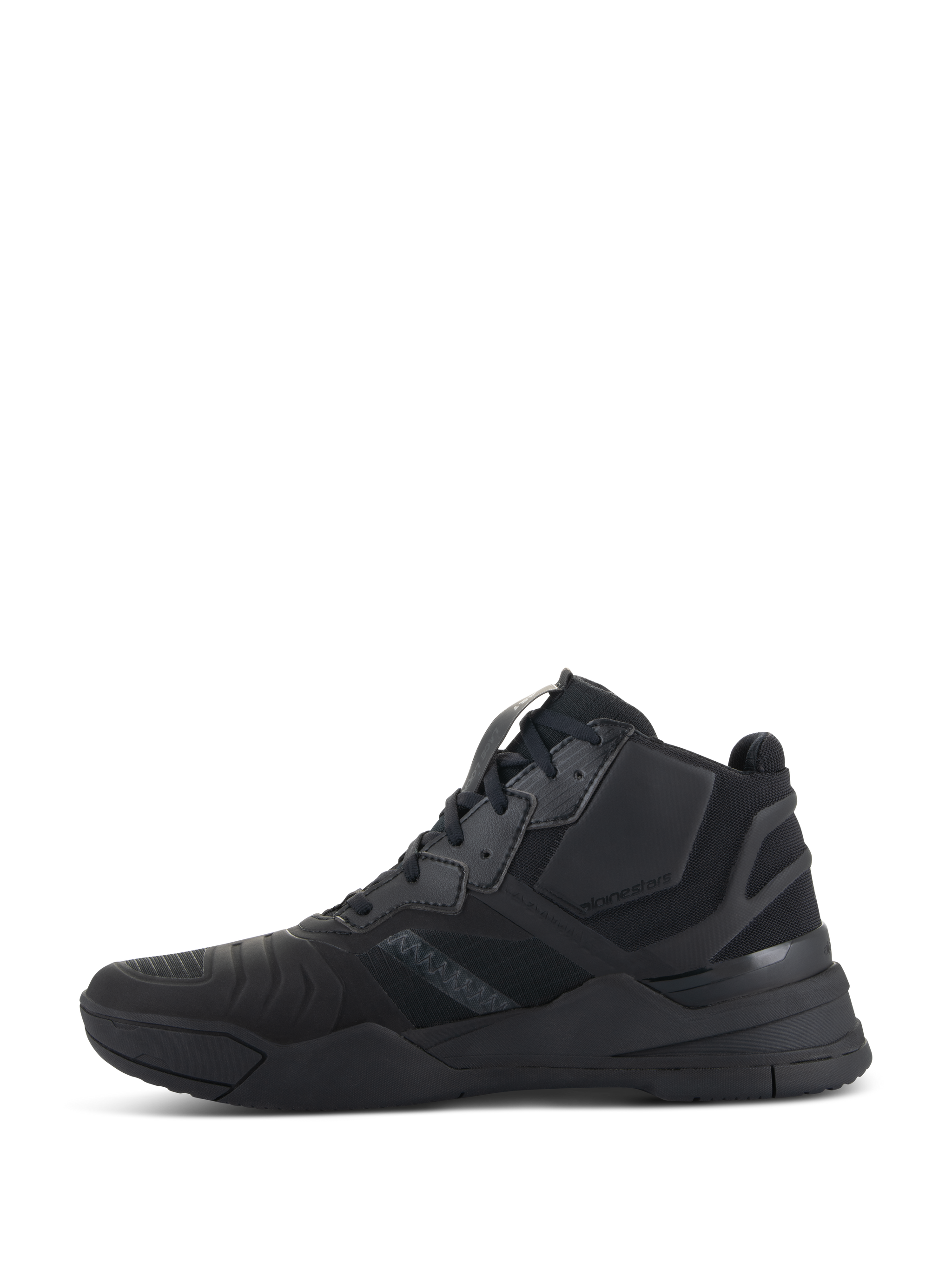 Alpinestars Speedflight Shoes, Black Black, Side profile of performance motorcycle riding shoes, mid-top sneaker-inspired design with ripstop upper and seamless reinforcement panels, durable all-black athletic silhouette