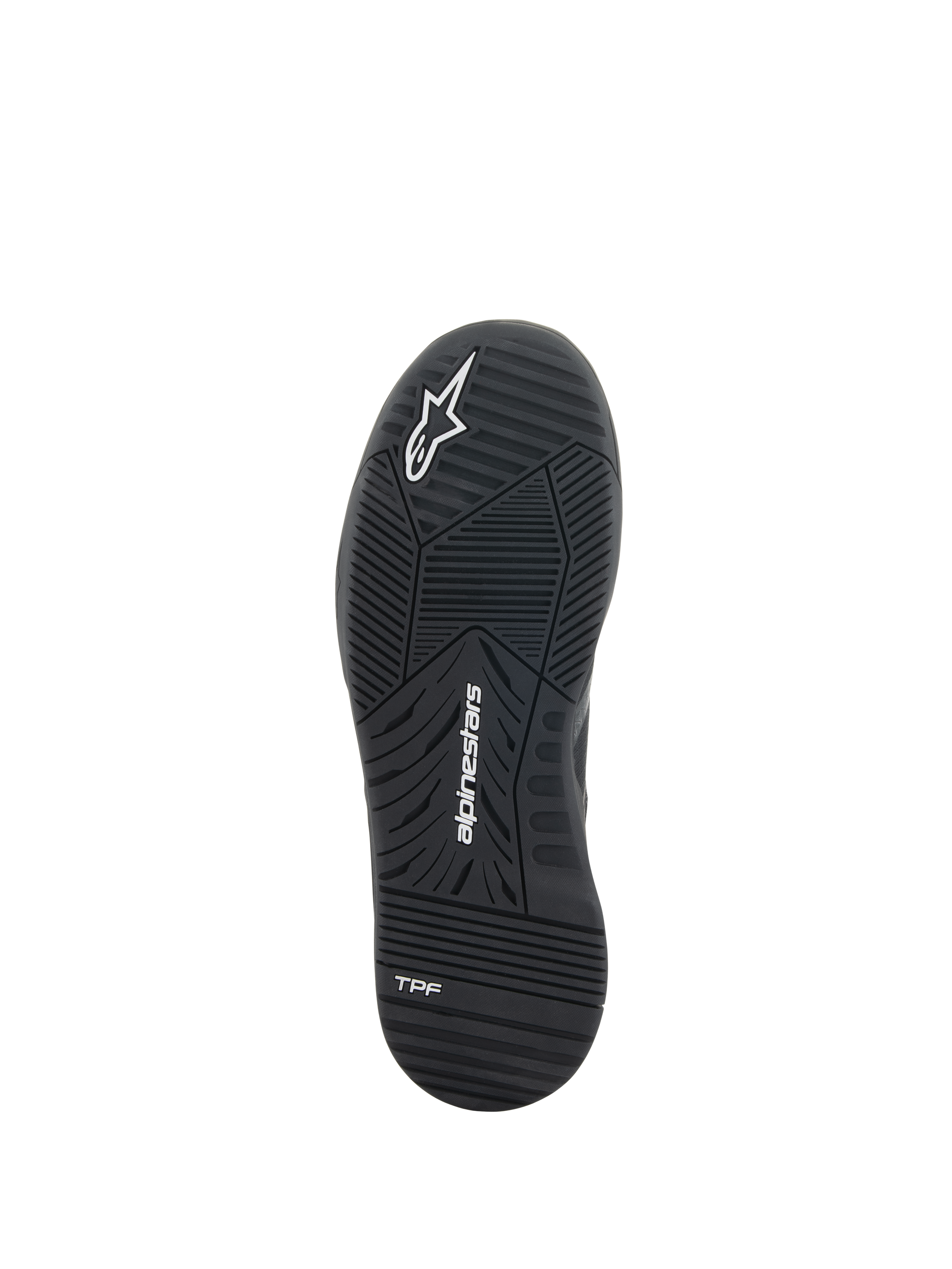Alpinestars Speedflight Shoes, Motorcycle Riding Shoes, Black, Underside view of the dual-density rubber sole, featuring Alpinestars logo and TPF branding, engineered tread pattern for urban performance