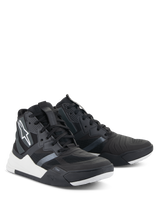 Alpinestars Speedflight Shoes, Performance Riding Shoes, Black and White, street-styled motorcycling sneakers featuring a ripstop upper, white midsole accents, and Alpinestars logo on the side