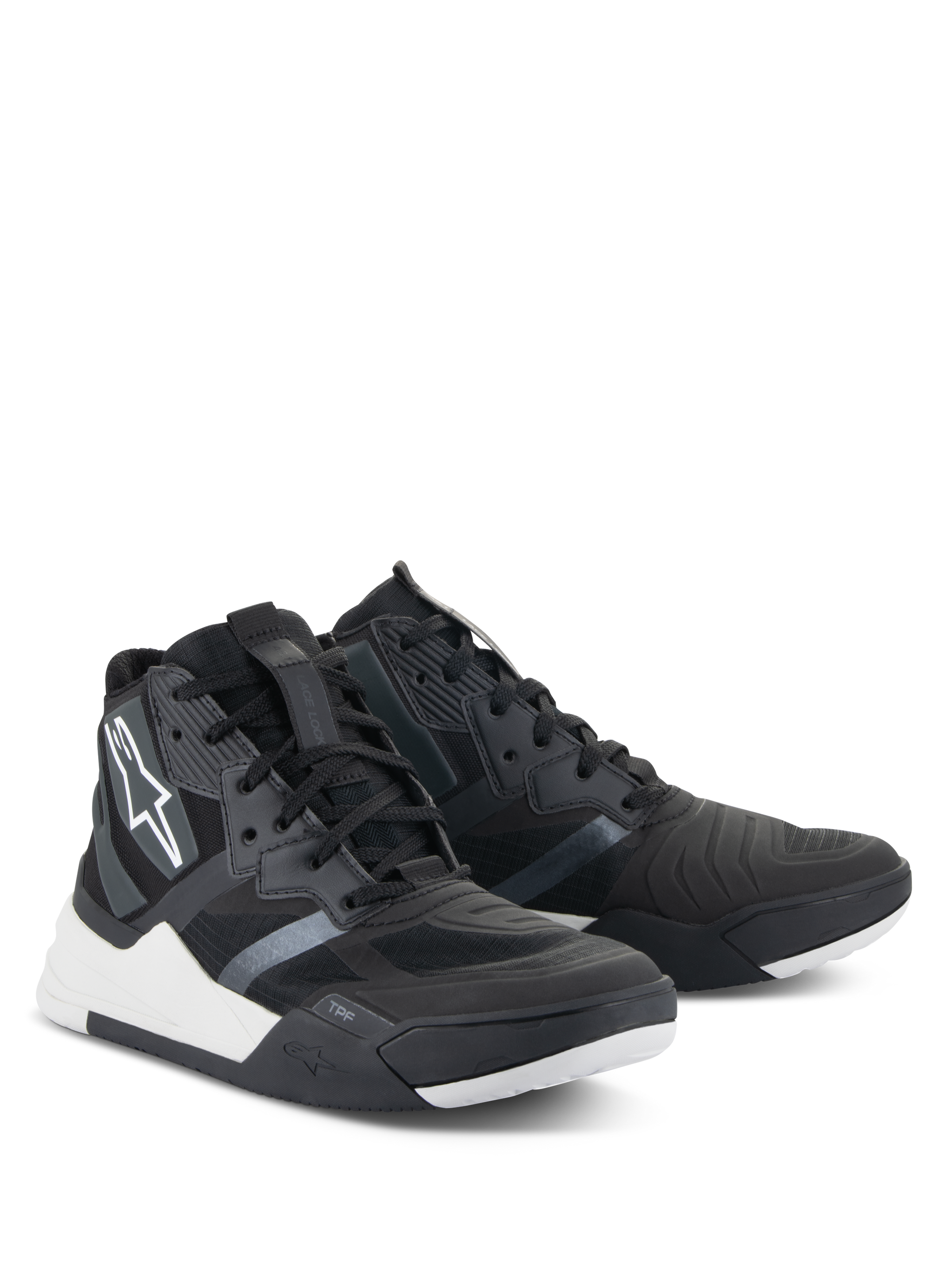 Alpinestars Speedflight Shoes, Performance Riding Shoes, Black and White, street-styled motorcycling sneakers featuring a ripstop upper, white midsole accents, and Alpinestars logo on the side