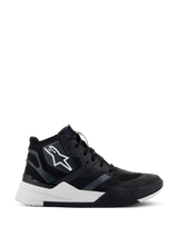 Alpinestars Speedflight Shoes, high-top motorcycle riding shoes, Black and White, featuring a ripstop upper with seamless reinforcements, white star logo on the side, dual-density sole with thick white midsole and black accents, modern sneaker-inspired design for urban motorcycling