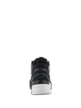 Alpinestars Speedflight Shoes, Black and White, rear view featuring a molded semi-rigid heel piece, asymmetric TPU heel counter, and white dual-density sole, performance urban riding footwear