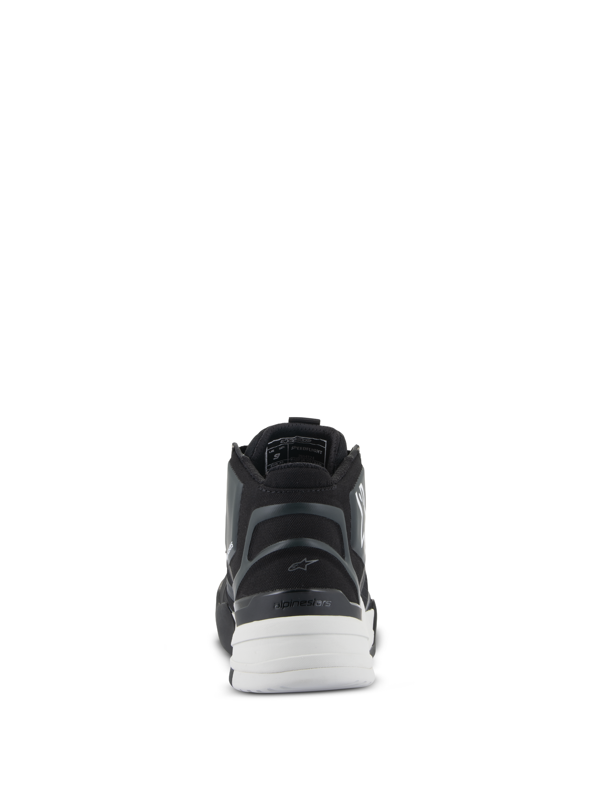 Alpinestars Speedflight Shoes, Black and White, rear view featuring a molded semi-rigid heel piece, asymmetric TPU heel counter, and white dual-density sole, performance urban riding footwear