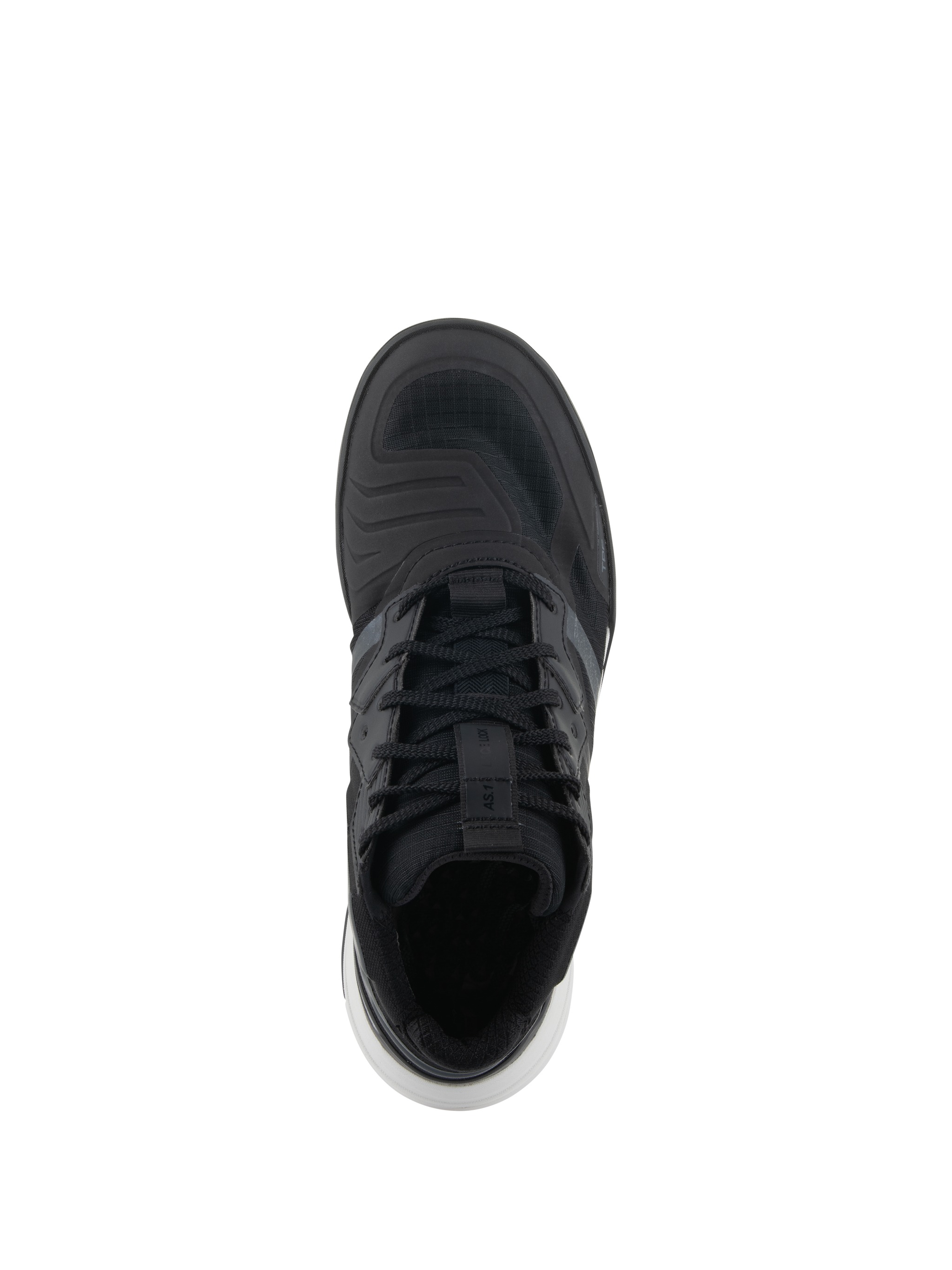 Alpinestars Speedflight Shoes, Performance Riding Shoes, Black and White, top-down view showing the ripstop upper, laces with lace loop strap, and white sole accents, street-styled motorcycling sneaker