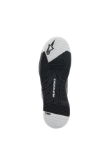 Alpinestars Speedflight Shoes, Black and White, outsole view showing the dual-density rubber sole, features Alpinestars logo and TPF branding, asymmetric tread pattern for motorcycle riding grip and stability