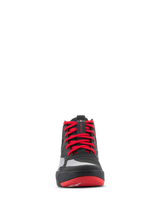 Alpinestars Speedflight Shoes, Performance Riding Shoes, Black Bright Red and White, front view featuring vibrant red laces, lace lock holder strap on the tongue, and seamless reinforcement panels for urban motorcycle riding.