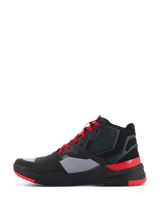 Alpinestars Speedflight Shoes, Performance Riding Shoe, Black with Bright Red and Grey accents, side profile view, featuring ripstop textile upper, bright red laces, and protective heel counter, sporty sneaker-styled motorcycle footwear for urban commuting