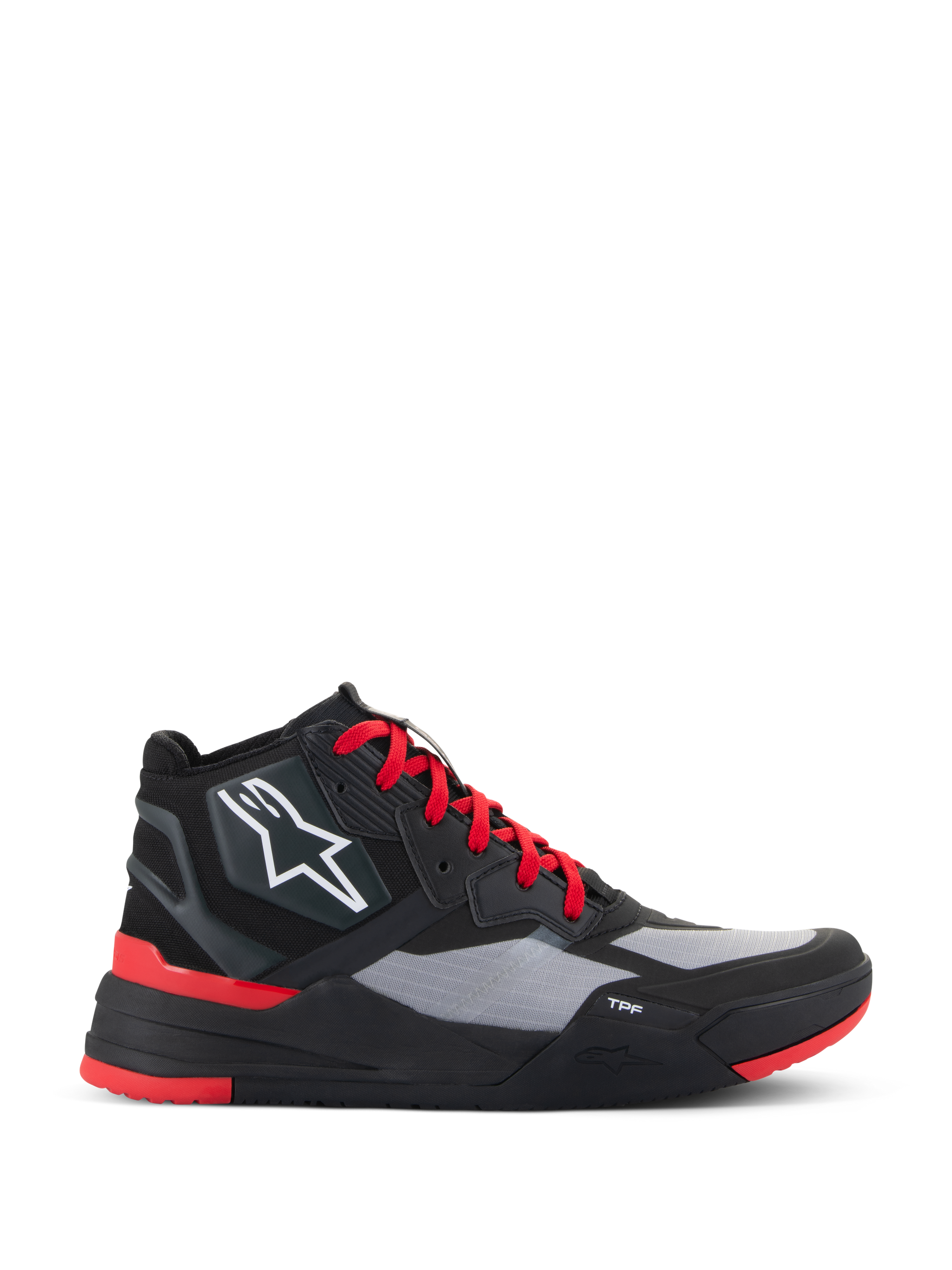 Alpinestars Speedflight Shoes, high-top motorcycle riding sneakers, Black and Bright Red with grey panels, featuring white star logo, red laces, and sporty urban design with TPF midsole