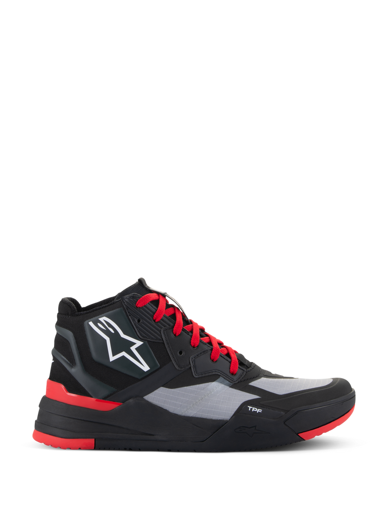 Alpinestars Speedflight Shoes, high-top motorcycle riding sneakers, Black and Bright Red with grey panels, featuring white star logo, red laces, and sporty urban design with TPF midsole