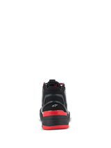 Alpinestars Speedflight Shoes, Performance Riding Shoes, Black Bright Red and White, rear view showing molded heel piece with small white Astar logo, red heel counter with alpinestars text, and performance ripstop upper.