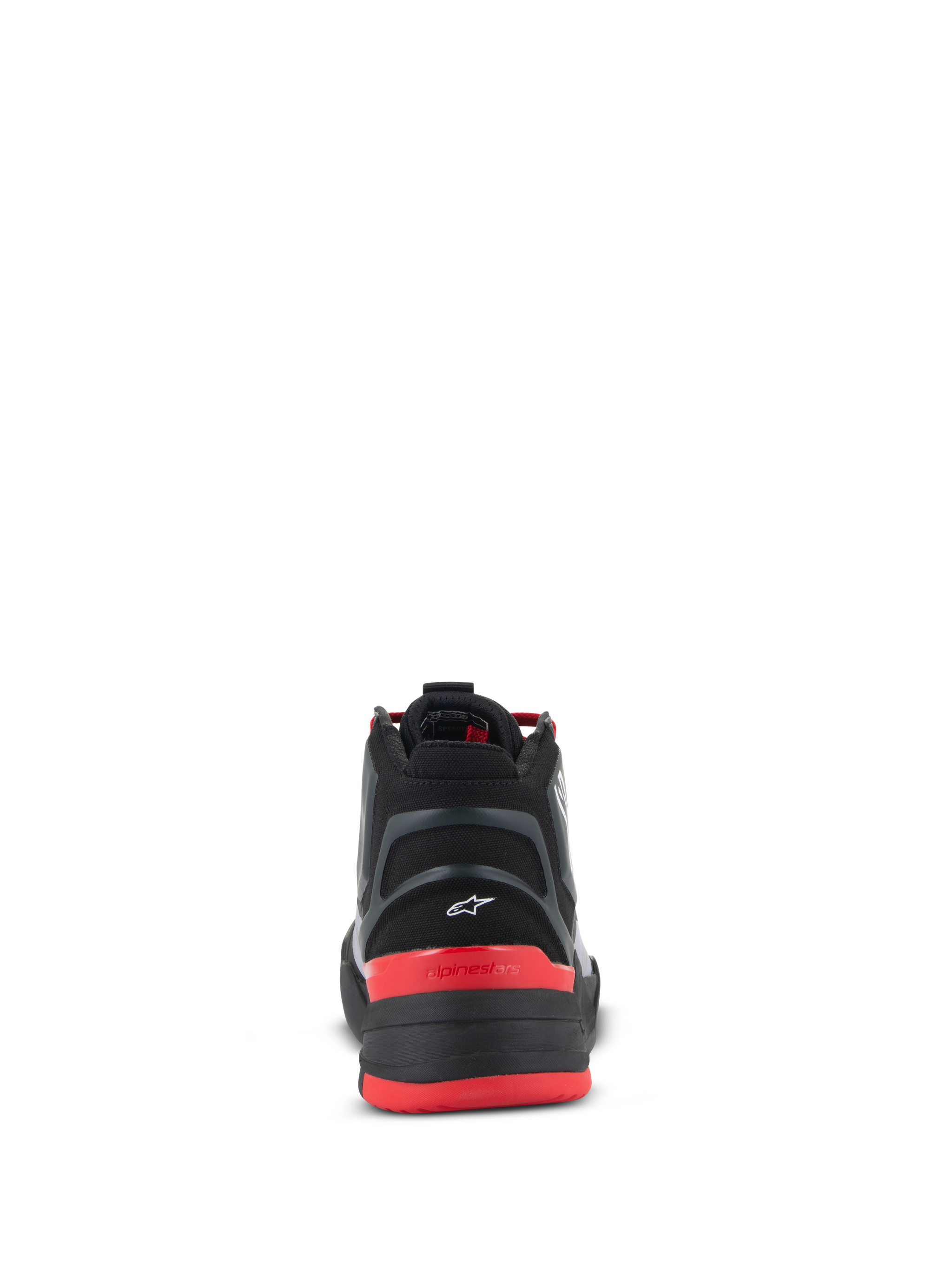 Alpinestars Speedflight Shoes, Performance Riding Shoes, Black Bright Red and White, rear view showing molded heel piece with small white Astar logo, red heel counter with alpinestars text, and performance ripstop upper.