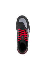 Alpinestars Speedflight Shoes, Performance Riding Shoes, Black Bright Red White, top-down view featuring vibrant red laces, grey ripstop upper panels, and integrated shift pad, urban motorcycle footwear.