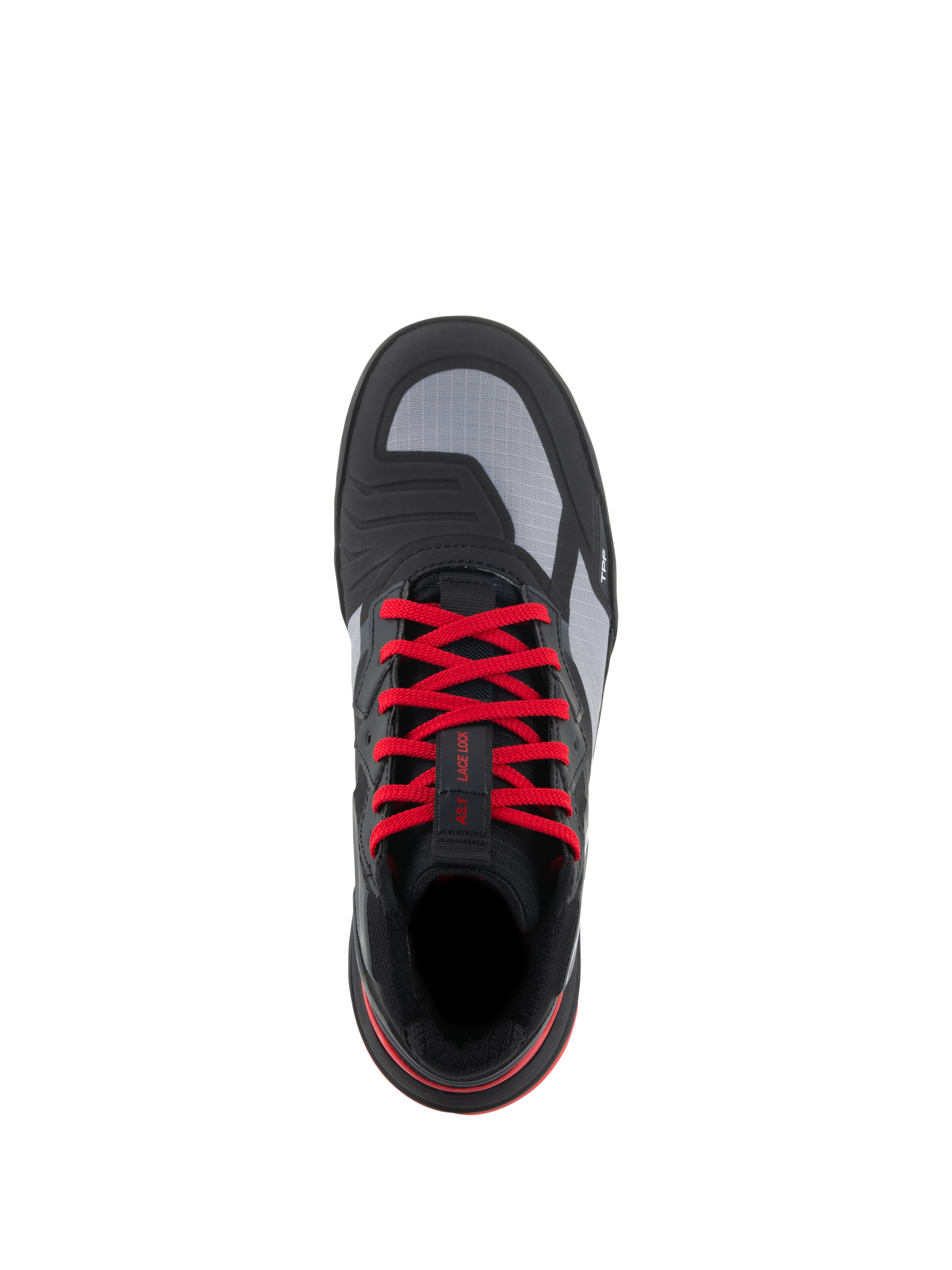 Alpinestars Speedflight Shoes, Performance Riding Shoes, Black Bright Red White, top-down view featuring vibrant red laces, grey ripstop upper panels, and integrated shift pad, urban motorcycle footwear.