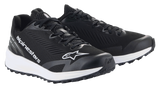 Alpinestars Meta Road V2 Shoes, Sportswear Shoes, Black and White, breathable mesh upper with white Alpinestars branding, thick white midsole, athletic design for race-team workwear