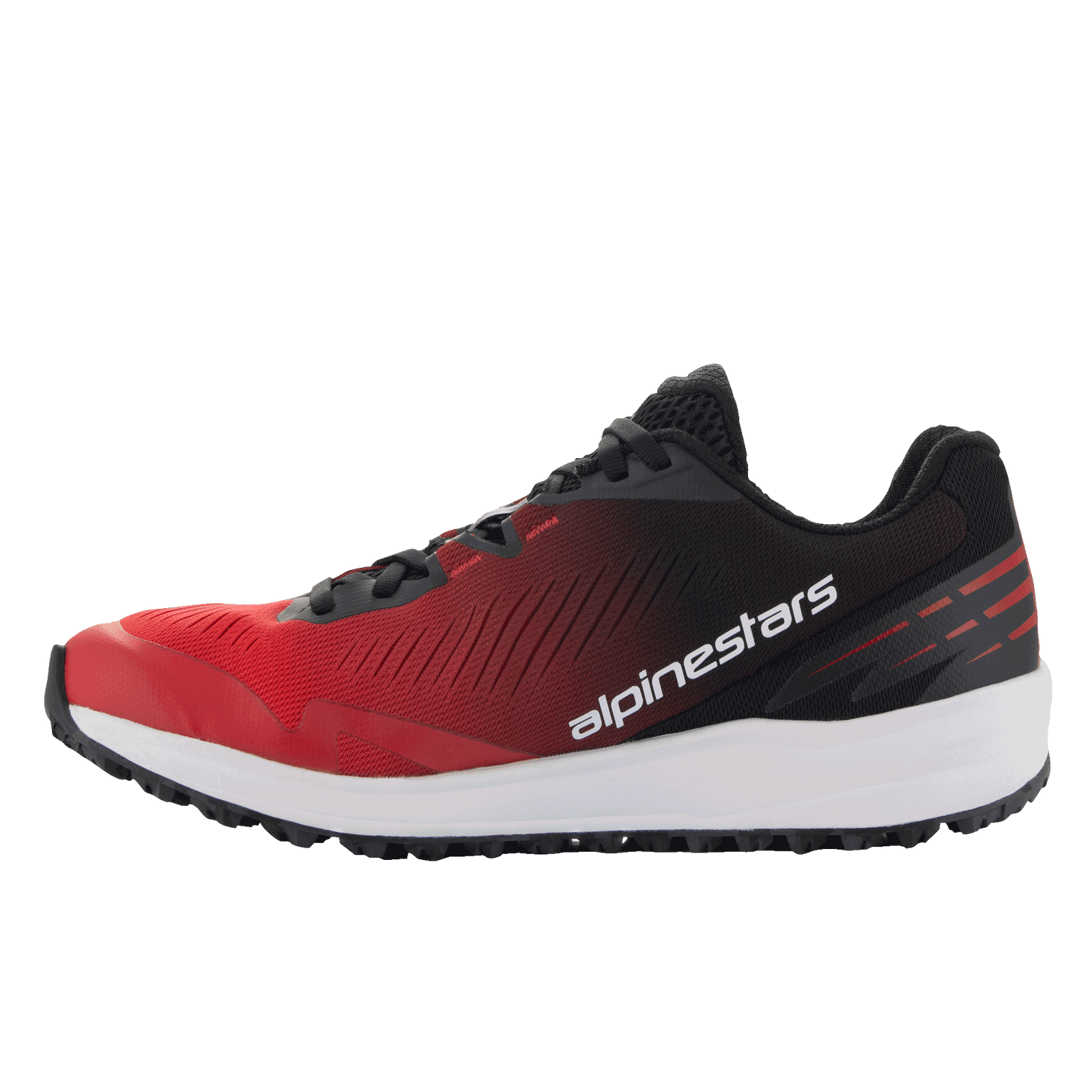 Alpinestars Meta Road V2 Shoes, Sportswear Shoes, Red and Black gradient with White midsole, side profile featuring white Alpinestars text branding, lightweight athletic design for all-day comfort