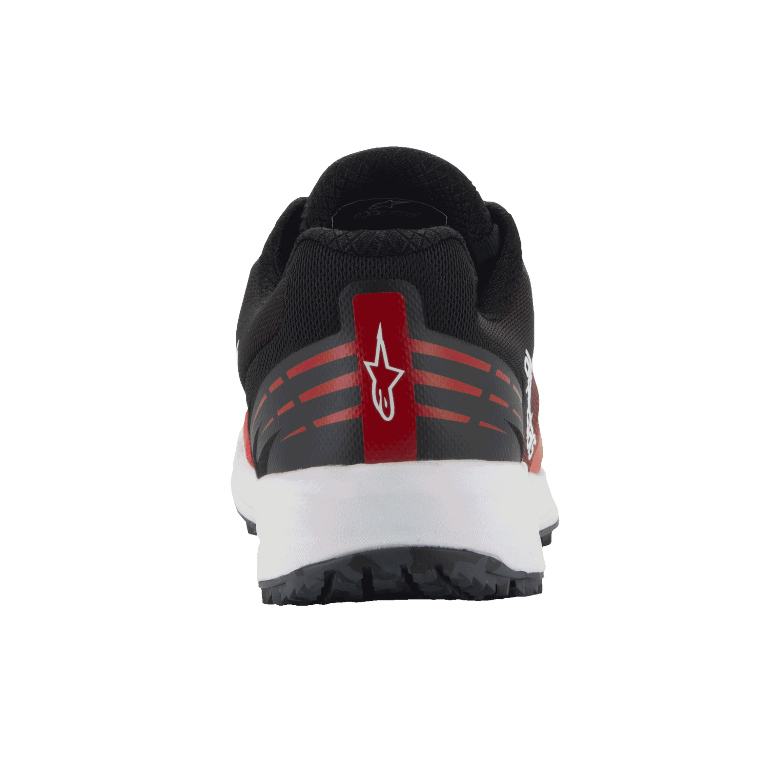 Alpinestars Meta Road V2 Shoes, Sportswear Shoes, Red Black and White, rear view showing heel detail with white Astars logo on a red stripe, horizontal red accents, black mesh upper and white midsole