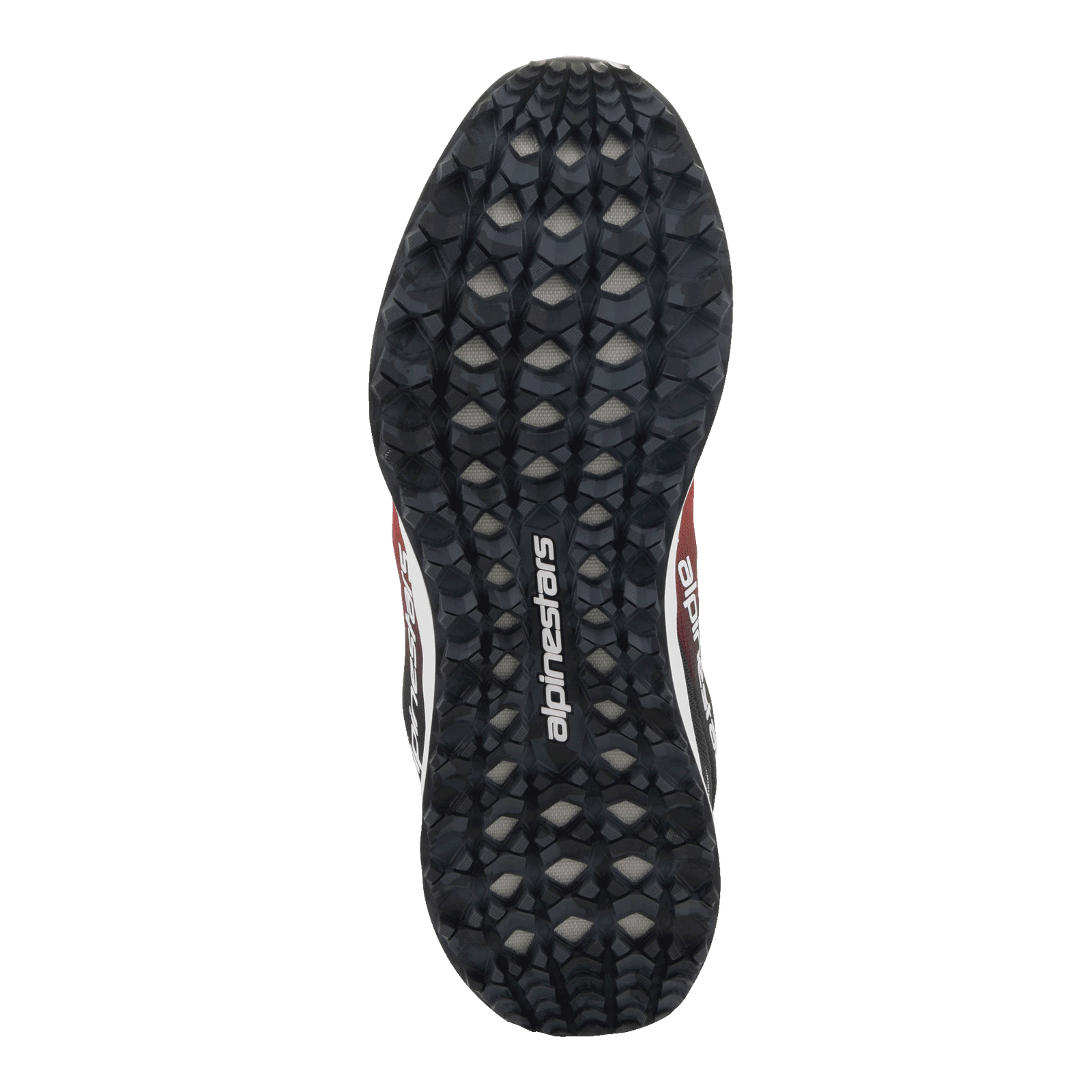 Alpinestars Meta Road V2 Shoes, bottom view of the outsole, black rubber with a textured hexagonal tread pattern for grip, white Alpinestars logo in the center, Red Black and White accents visible on the sides