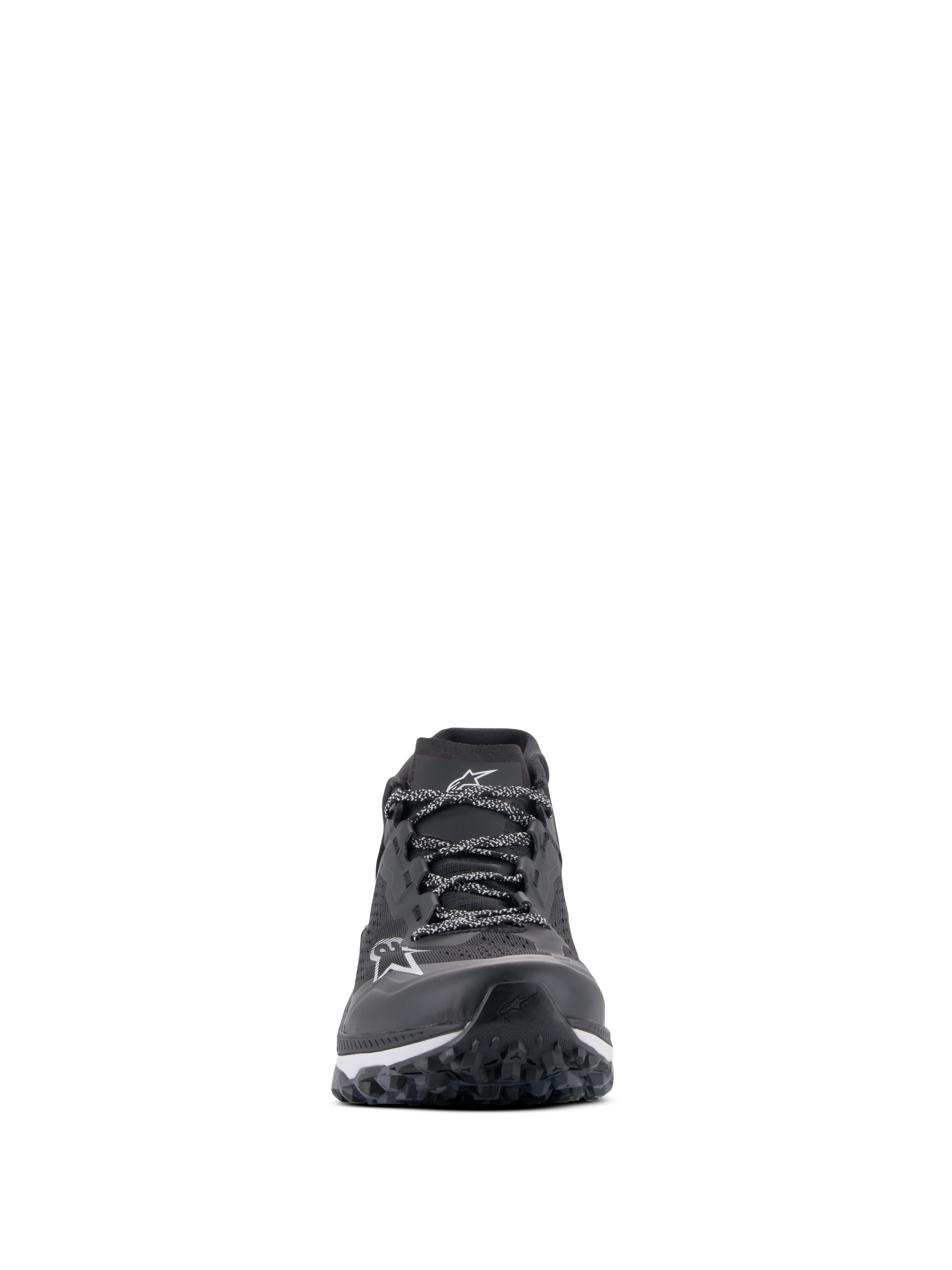 Alpinestars Meta XR V2 Shoes, Sport Casual Footwear, Black White and Dark Gray, front view showing the technical mesh upper, patterned laces, white Alpinestars logo on the toe, and rugged outsole designed for traction and comfort.
