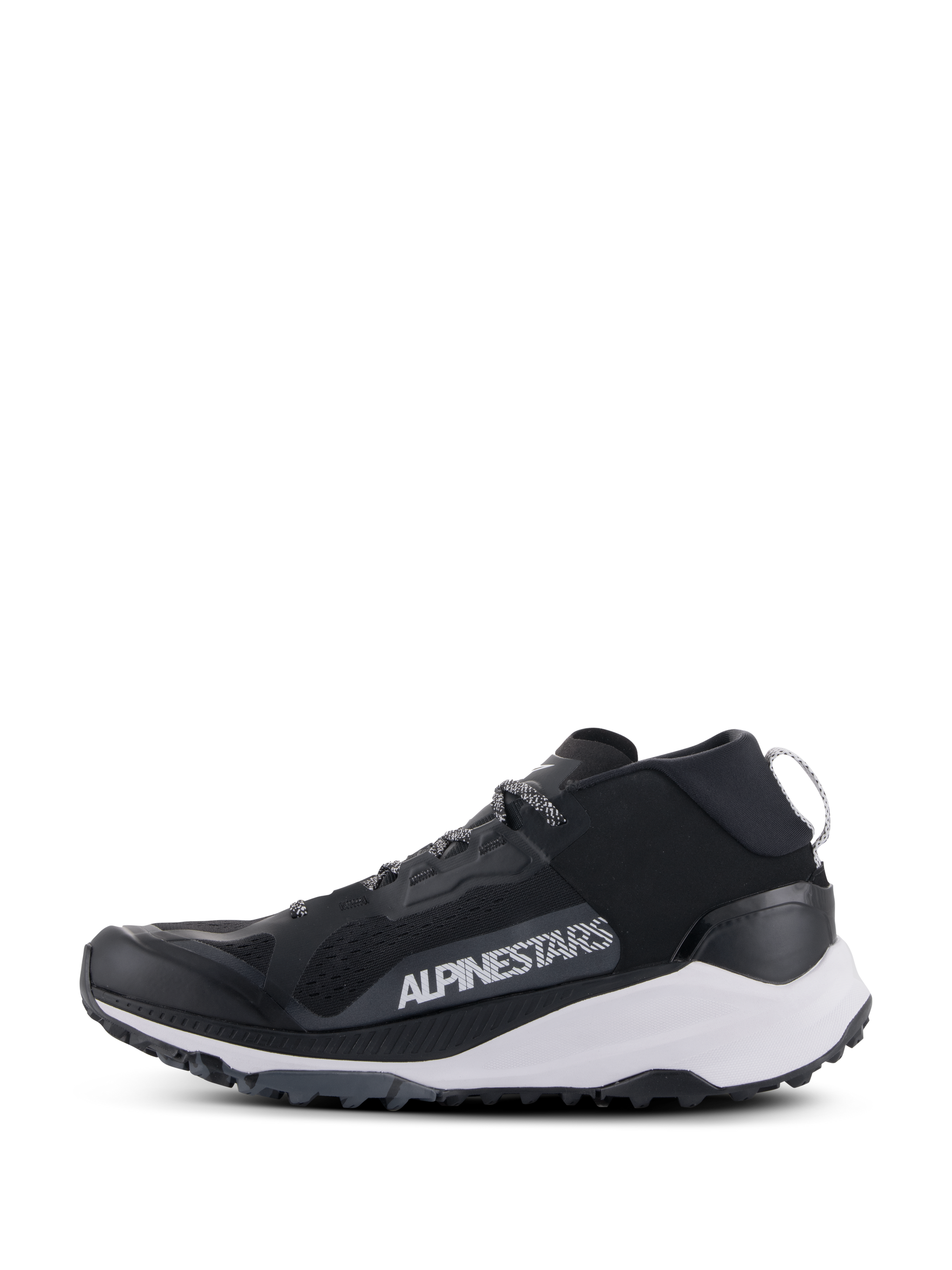 Alpinestars Meta XR V2 Shoes, sportswear shoes, Black White and Dark Gray, side profile featuring mesh upper, white midsole, and rugged outsole, bold white Alpinestars branding on the side panel.