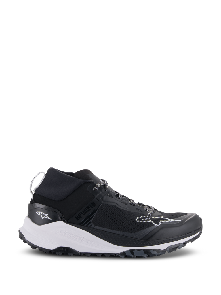 Alpinestars Meta XR V2 Shoes, Sportswear Shoes, Black and White, technical mesh upper with a chunky white midsole and rugged dark gray outsole, sport-casual design with elastic collar and Alpinestars branding